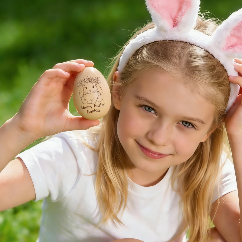 Personalized Wooden Easter Egg Cute Rabbit with Flower Crown Kids Easter Gifts Baby First Easter