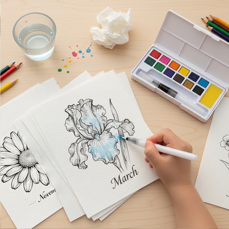 Personalized Birthday Flower Watercolor DIY Kit 12 Designs Creative Gift & Art Starter for Kids Monthly Flowers Watercolor Kit Beginner DIY Painting Activity