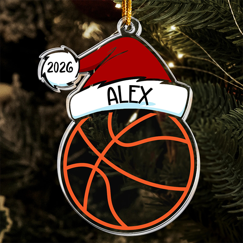 Personalized Sports Themed Ornament with Santa Hat Design and Custom Name and Year  
