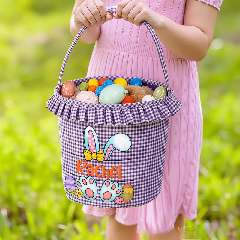 Personalized Multi-Color Cute Rabbit Large Capacity Plaid Easter Basket with Name Easter Egg Hunting Party Favor Gift for Boys Girls