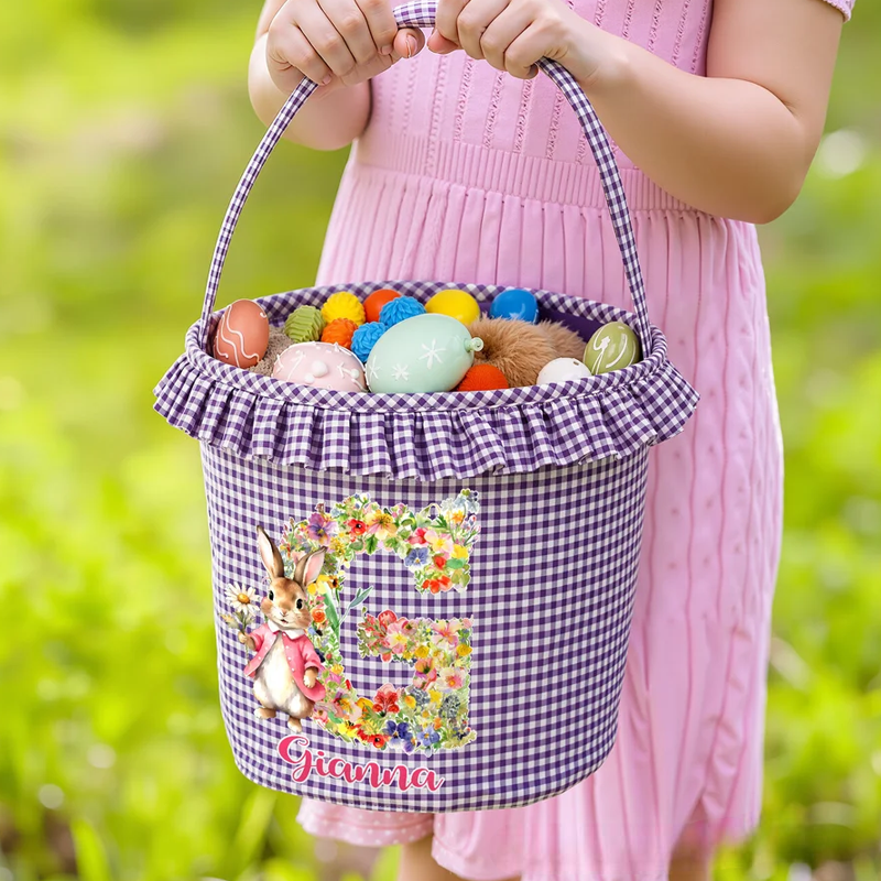 Personalized Cute Flower Rabbit Easter Basket with Name and Initial Easter Eggs Hunting Party Favor Gift for Boys Girls
