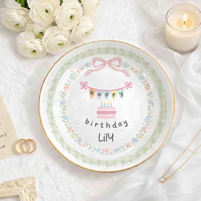 Personalized Happy Birthday Cake Ring Dish Handcrafted Hand Painted Jewelry Dish Ceramic Gift Personalized Kids Keepsake Plate