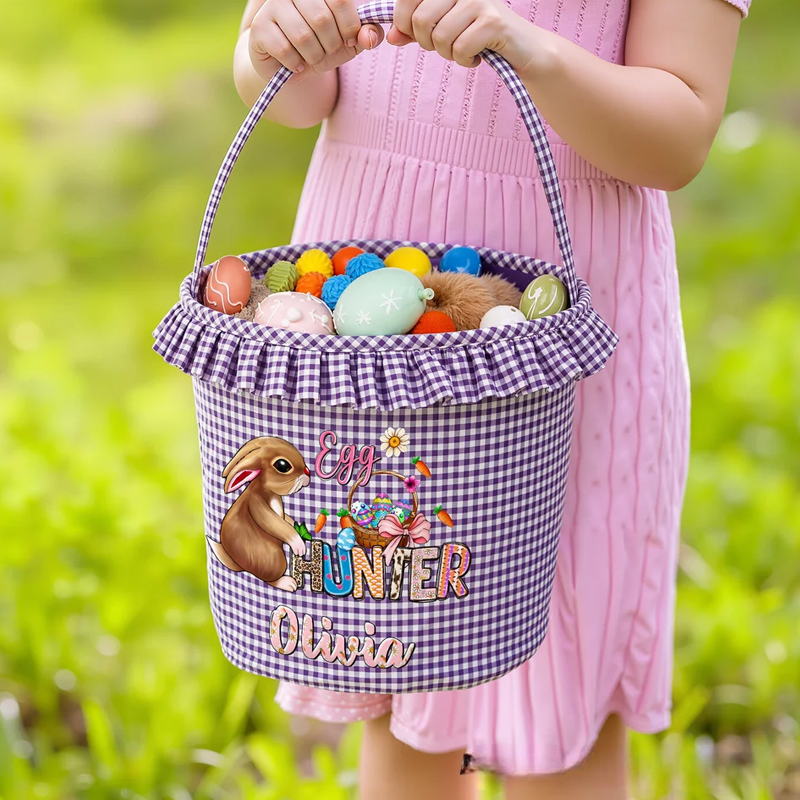 Personalized Cute Bunny Camouflage Flower Plaid Easter Basket with Name Easter Egg Hunt Easter Gift for Boys Girls