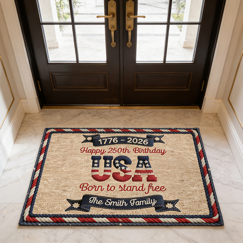 Personalized USA 250th Anniversary Doormat with Custom Family Name for Patriotic Home Decor