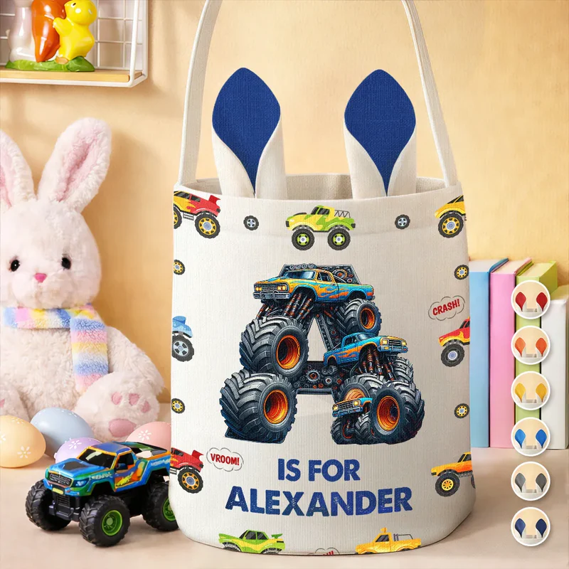 Personalized Kid Monster Truck Toy Container Monogram Initial Bunny Ears Bucket Bag Easter Gift for Kids