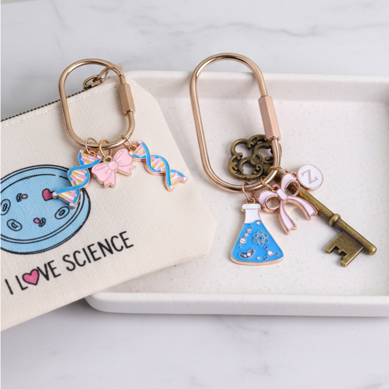 Personalized Science Bag Charm Trendy Bow Purse Keychain Monogram Initial Gift for Tween Girl Chemistry Accessory Stocking Stuffer Cute Keyring