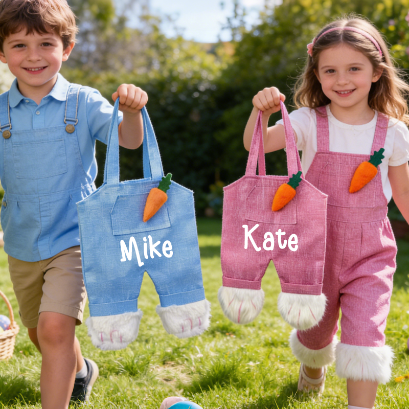 Personalized Cute Easter Bunny Overalls Tote Bag with Name Happy Easter Egg Hunting Gift for Kids