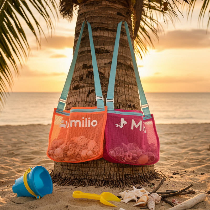 Personalized Seashell Zipper Mesh Back Pack Tote Custom Name and Shell Print Lightweight Washable Travel Pool Bag for Toddlers Kids Zip Beach Bag Monogrammed Backpack Sea Shell Bags Summer Pool Accessories