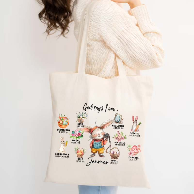 Personalized Rabbit Dream Job Cute Bunny God Said I Am Bible Tote Bag with Name and Canvas Pocket Easter Birthday Christian Gift for Christians