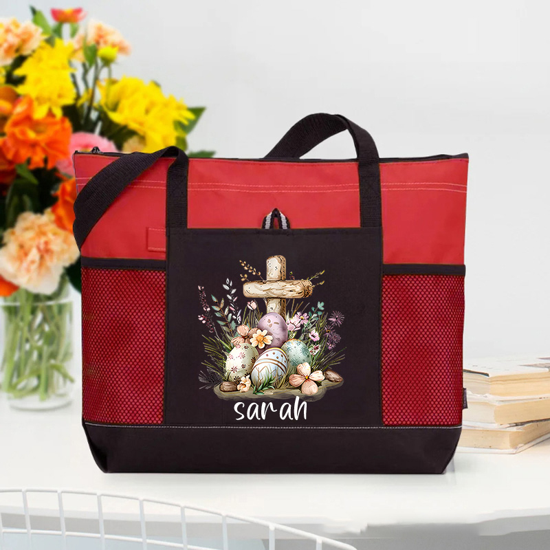 Personalized Easter Eggs Floral Cross Zipper Tote Bag with Name and Mesh Pocket Prayer Day Easter Storage Holiday Gift for Women Christian