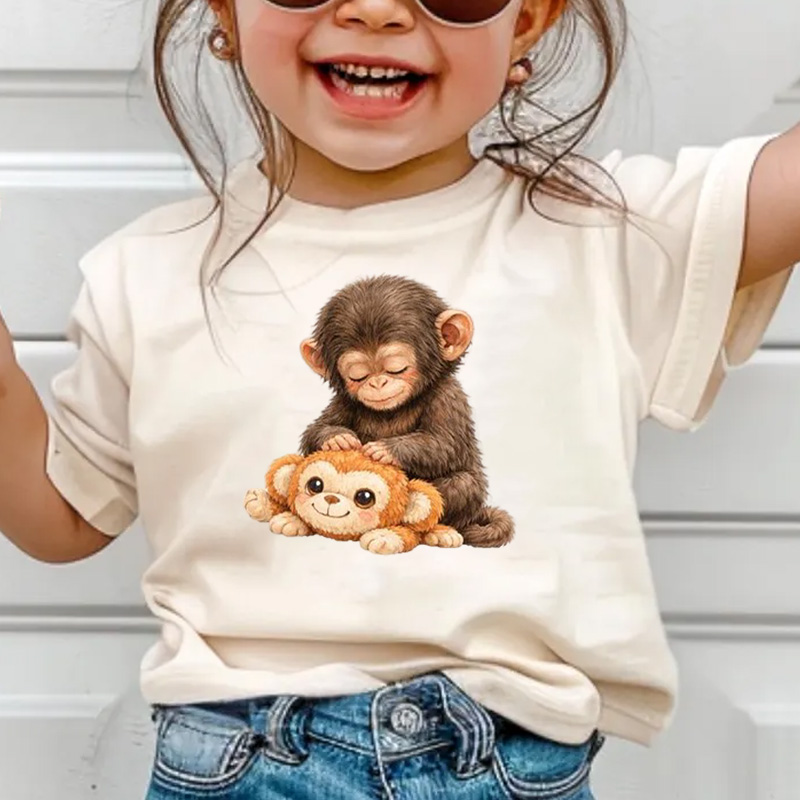Cute Baby Monkey Hugging Plush Toy Soft Cotton Comfortable Gift Dear Punch Monkey Graphic Kid Shirt Emotional Animal Lover Gift