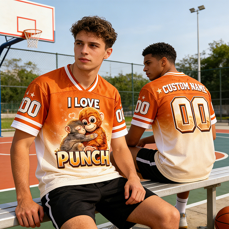 Personalized "I Love Punch" Monkey Hug Mesh Football Jersey Custom Name & Number Personalized Monkey Game Day Shirt