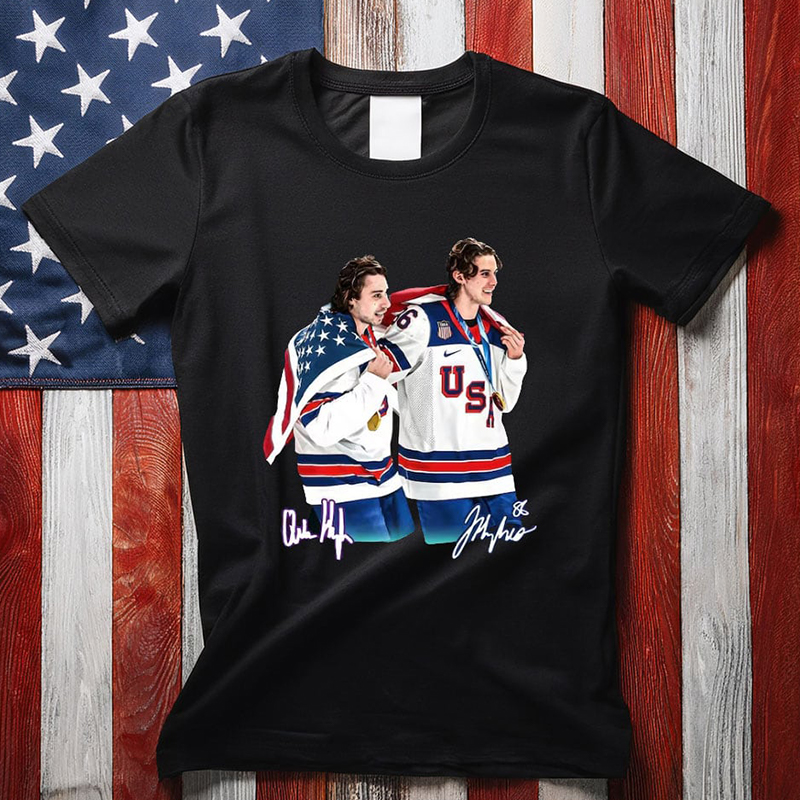 Personalized USA Hockey Gold Medal Duo Celebration T-Shirt for USA Hockey Enthusiasts
