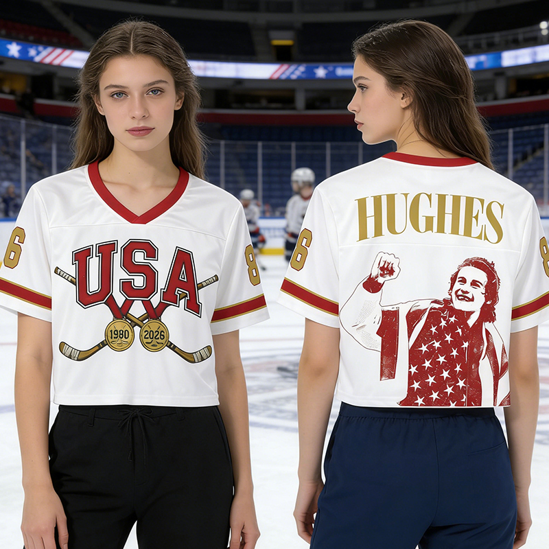 Personalized Hughes USA Hockey Crop Top Jersey Patriotic American Pride Shirt for Hockey History Fans