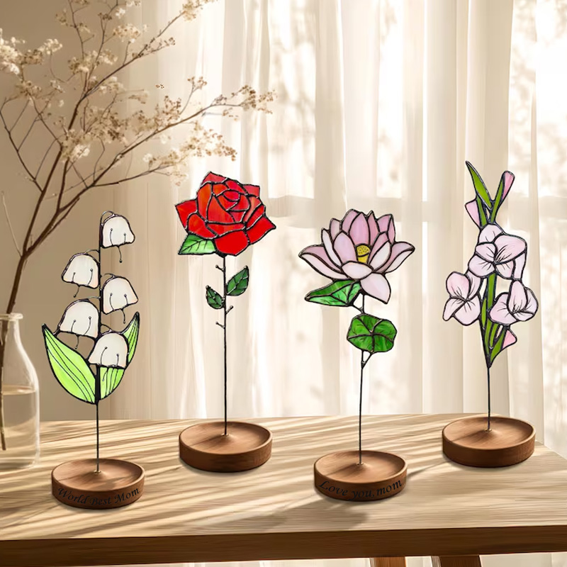 Personalized Stained Glass Birth Month Flower Birthday Suncatcher Custom Glass Flower Plant Stake Home Decor Gift for Her Mom Grandma