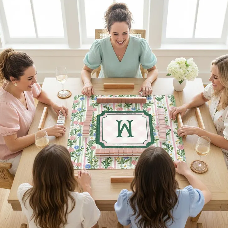 Personalized Pink Flower Mahjong Mat Custom Name Waterproof Non Slip Elegant Table Protector Gift Mahjong Mat