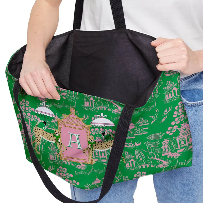 Personalized Mahjong Tote Bag Large Travel Bag Monogram Personalized Letter Initial Dice Toile Chinoiserie Leopards Mahjong Gift