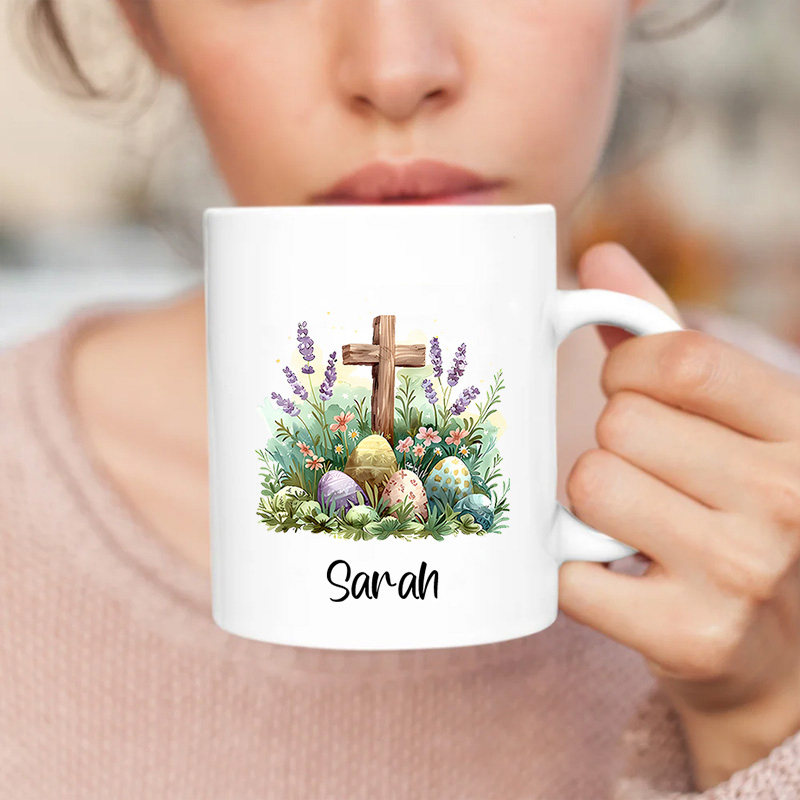Personalized Colorful Eggs Floral Cross Ceramic Mug with Name Easter Gift Birthday Gift for Boys and Girls