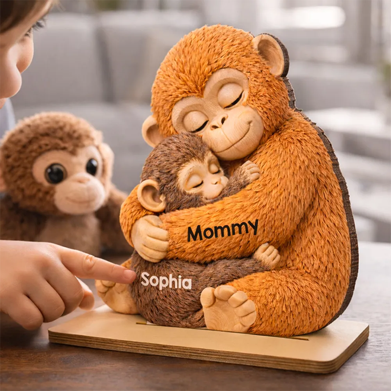Personalized Mother Monkey Children Baby Punch Monkey Custom 2 Layered Wooden Plaque Heartfelt Mother S Day Gift for Mom Wife
