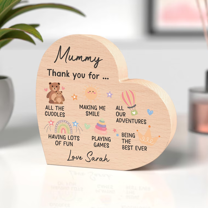 Personalised Mummy Gifts From Baby Son Daughter Custom Wood Heart With Grey Bag Lovely First Mothers Day Gift