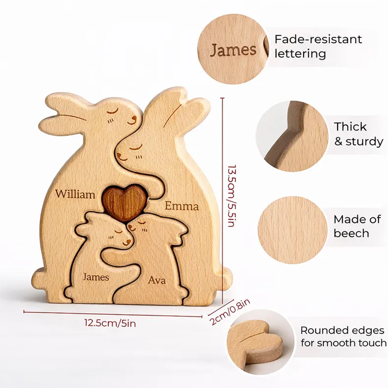 Personalized Wooden Rabbit Family Puzzle Custom Name Engraved Bunny Decor Wood Nursery Keepsake Nursery Room Decor Kids Birthday Gift