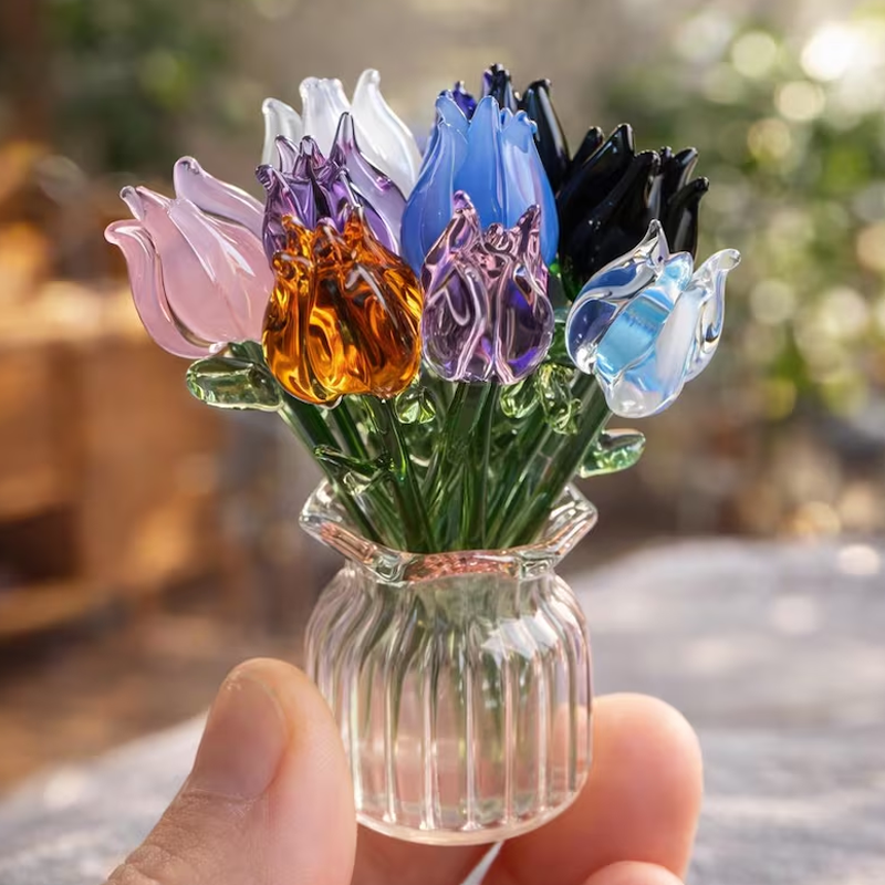 Personalized Glass Flower Bouquet for Mom Handmade Tulip & Rose Pot