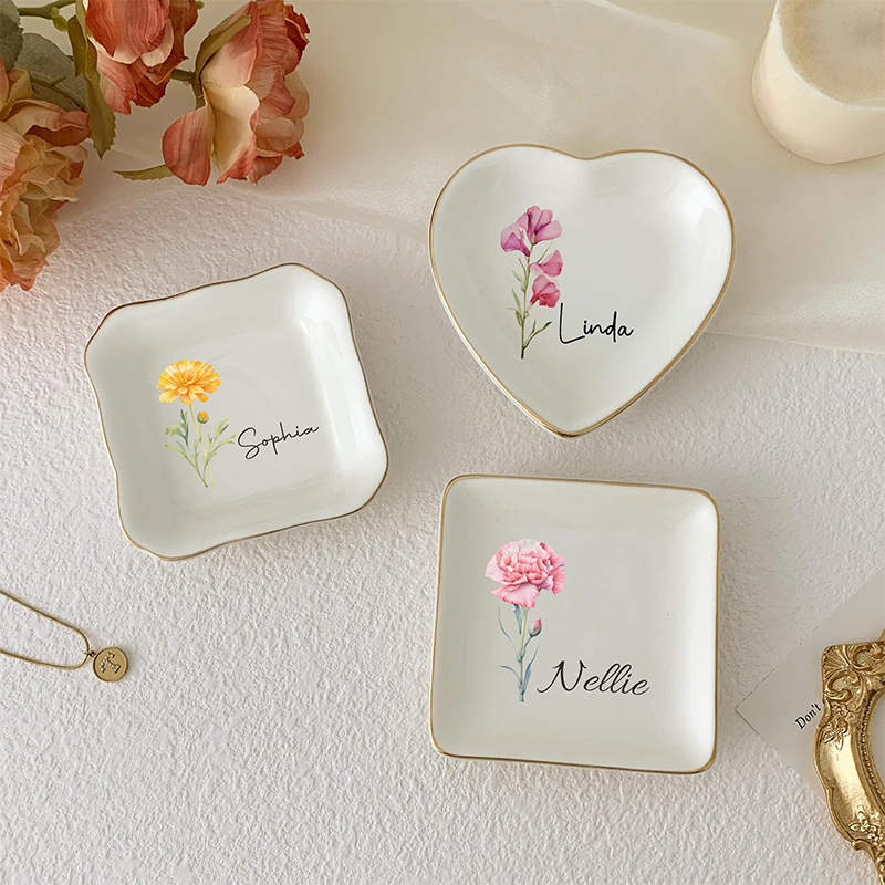 Personalised Birth Flower Trinket Dish Custom Watercolor Flower Ring Dish Wedding Bridesmaid Gift Mother’s Day Gift