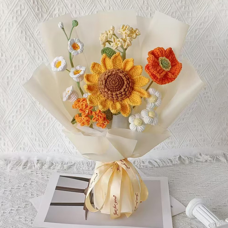Personalized Handmade Crochet Sunflower Bouquet Knitted Floral Gift for Her Eternal Flower Arrangement Wedding Decor Mother’s Day