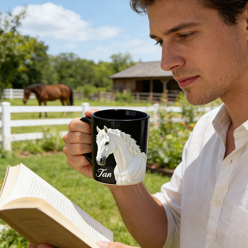 Personalized 3D White Horse Coffee Mug Custom Name Gift for Riders and Equestrian Enthusiasts