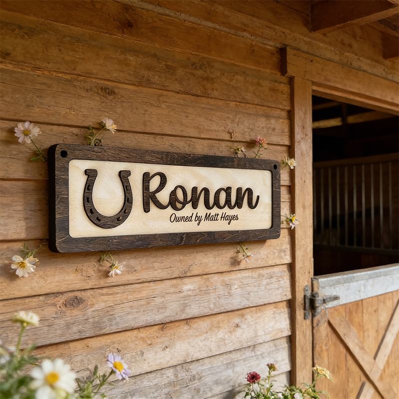 Personalized Horse Stall Name Sign Custom Wooden Stable Sign with Horseshoe and Horse Head for Equestrian Lovers