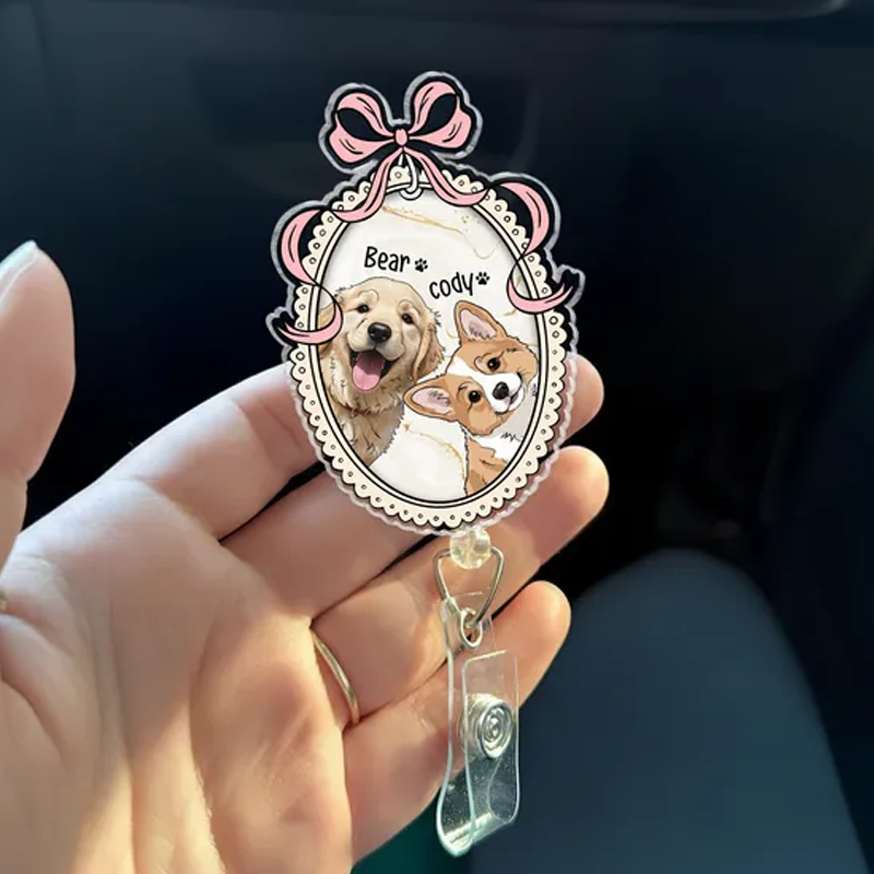 Personalized Dog Watercolor Photo Badge Reel Custom Pet Portrait Photo Badge Reel Nurse Badge Reel Retractable Badge Holder 