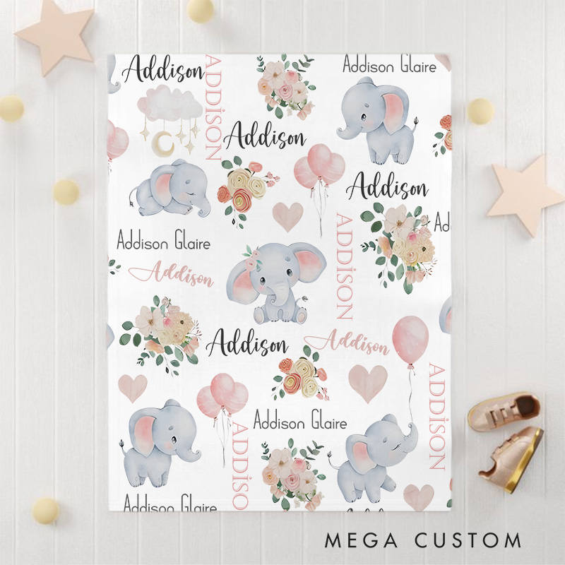 Personalized Elephant And Heart Pattern Baby Blanket Highlighting Cute Elephants And Sweet Details Baby Blanket