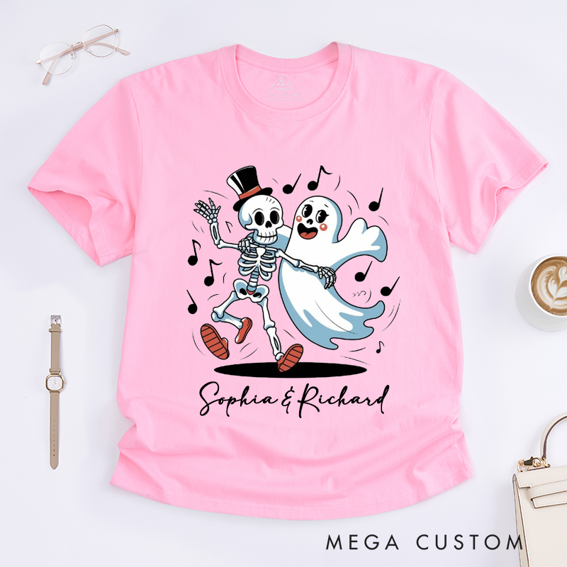 Personalized Dancing Skeleton and Cute Ghost Unisex T-Shirts Halloween Gift Custom Name Spooky Present for Friends Family Lovers Unique Costume