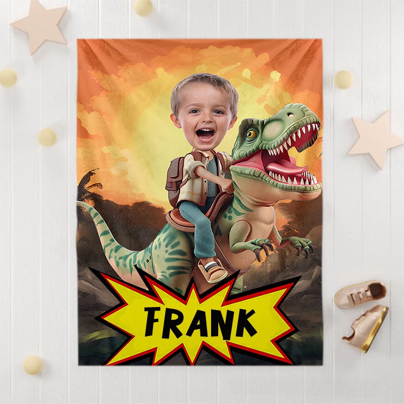 Personalized Kid Photo Blanket with Funny Face Little Boy Riding Dinosaur Gift for Boys