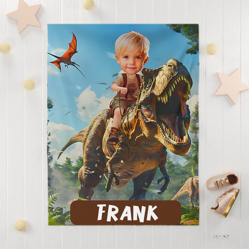 Personalized Boy Riding Dinosaur Fleece Blanket Gift for Kids