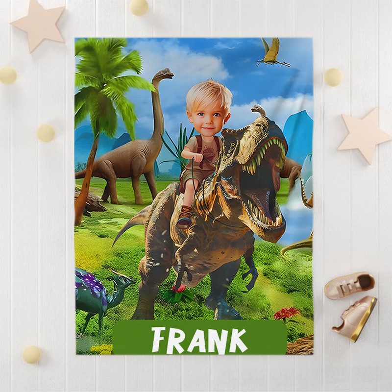 Personalized Boy Riding Dinosaur Blanket with Photo Gift for Boys