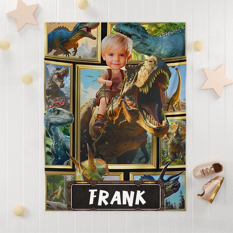 Personalized Boy Riding Dinosaur Fleece Blanket Gift for Kids