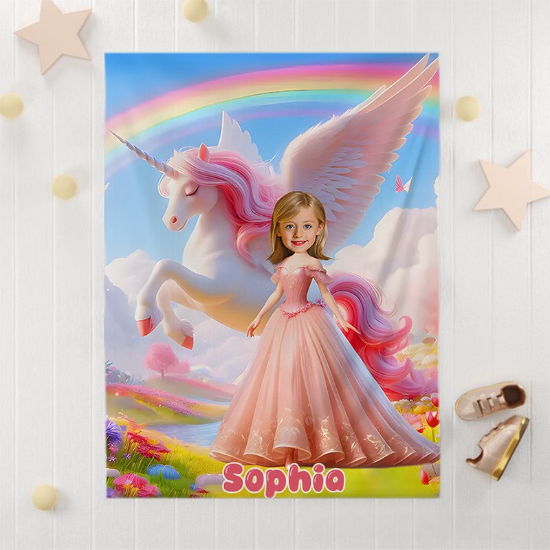 Personalized Princess and Dream Horse Blanket with Funny Photo Gift for Kids Birthday Children's Day Gift