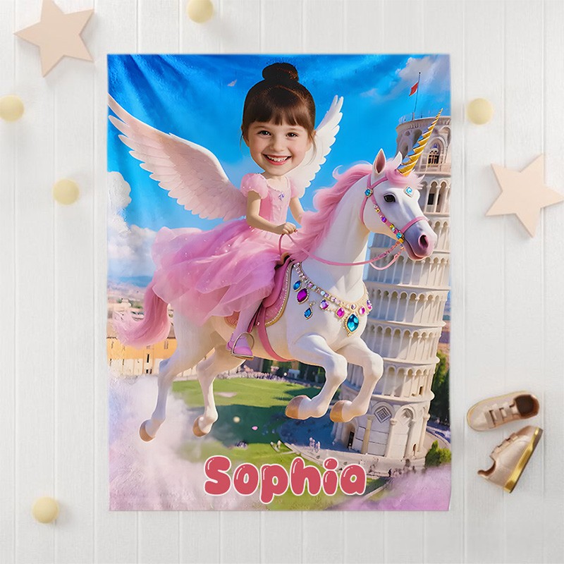 Personalized Blanket Dream Horse and Girl in Pink Dress with Silver Wings Leaning Tower Fantasy Landscape Birthday Children's Day Gift
