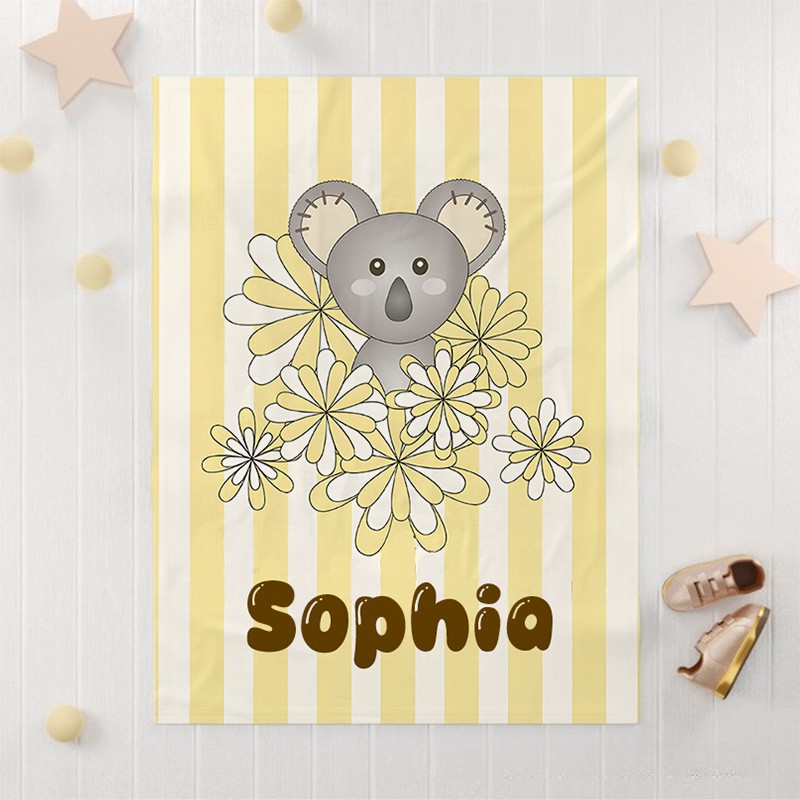 Personalized Yellow Stripe Cute Baby Koala Bear Kids Blanket Birthday Children's Day Gift