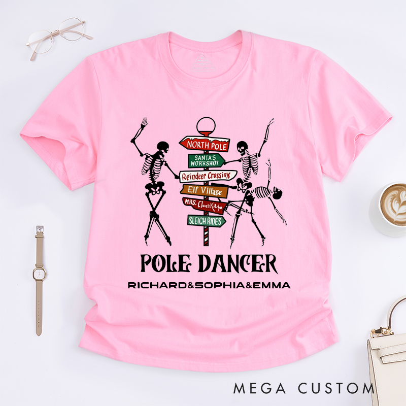 Personalized Skeleton Pole Dancer Funny T-Shirts Custom Name Gift Unisex Trendy Reindeer Crossing North Pole Unique Present for Dancer Friends Family
