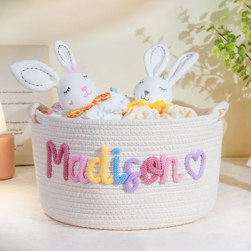 Personalized Cotton Knitted Nursery Basket Baby Shower Gift for Boy or Girl Home Storage Basket