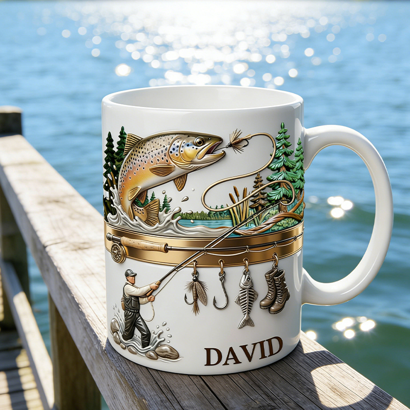 Personalized Fisherman and Fishing Gear Mug with Custom Name Tea Cup for Dad Grandpa or Fishing Lovers