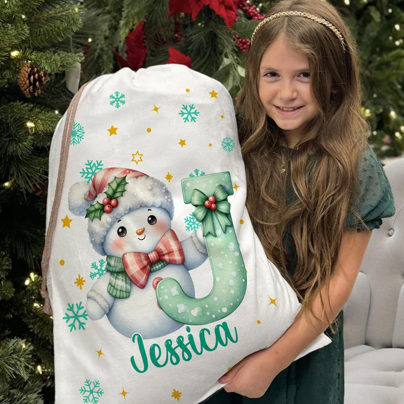 Personalized Cute Cartoon Santa Hat Snowman Initial Drawstring Gift Bag with Name Christmas Gift 