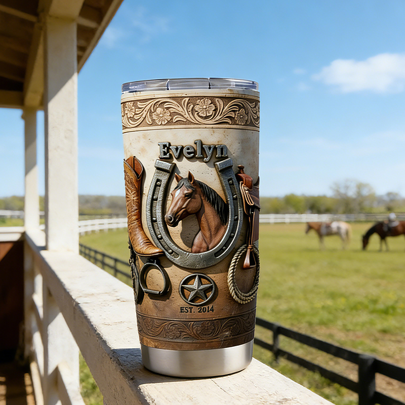 Personalized Cowboy Boot and Horse Tumbler Custom Name Insulated Tumbler for Horse Riders and Cowgirls