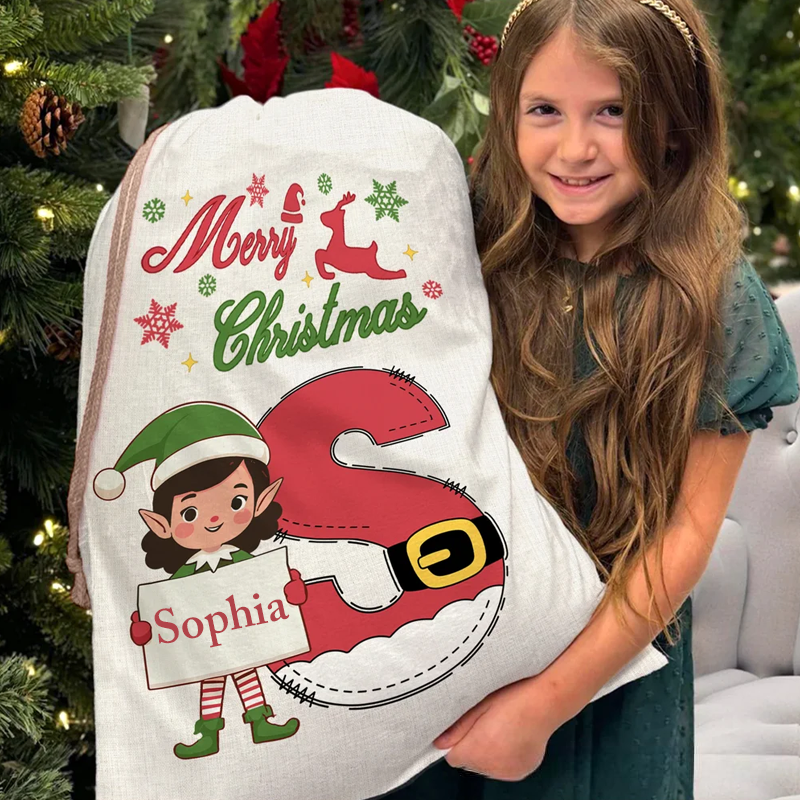 Personalized Christmas Elf Drawstring Canvas Gift Bag with Name and Initial Christmas Party Gift 