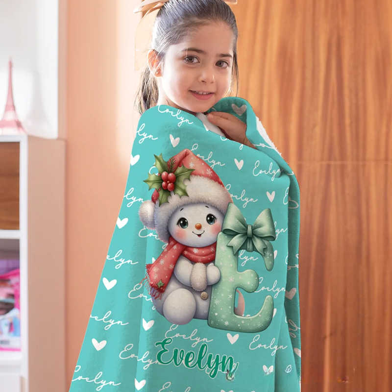 Personalized Santa Hat Snowman Initial Word Cloud Soft Throw Blanket with Name Home Decor Christmas Gift