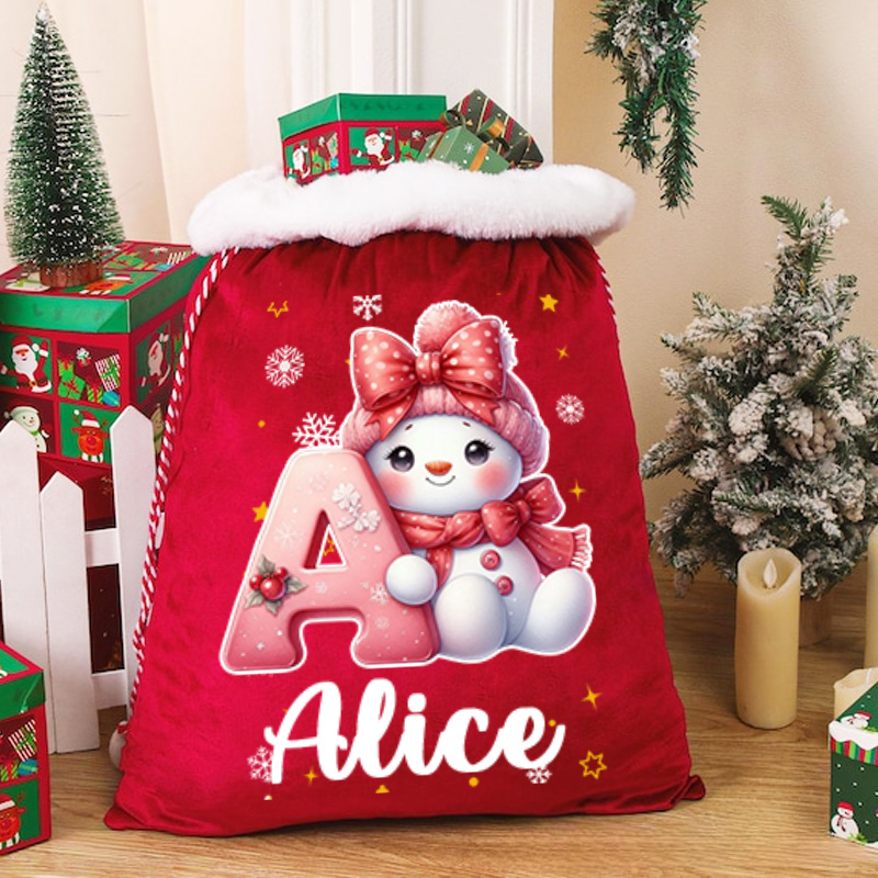 Personalized Cute Cartoon Santa Hat Snowman Initial Drawstring Gift Bag with Name Christmas Gift 