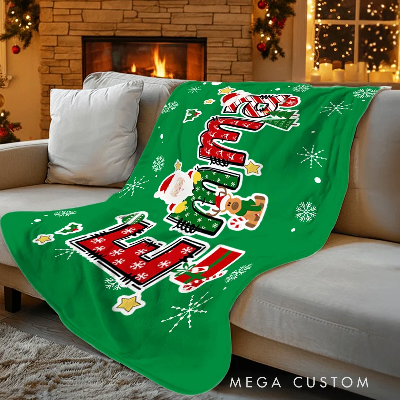 Personalized Christmas Reindeer Santa Claus Christmas Name Soft Throw Blanket Home Decor Christmas Party Gift 