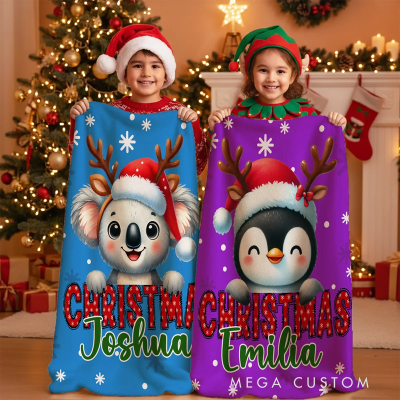Personalized Santa Hat Deer Fantasy Unicorn Cute Animal Soft Throw Blanket with Name Christmas Gift
